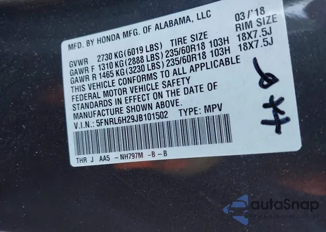 2018 Honda Odyssey Lx z USA, uszkodzony, nr VIN 5FNRL6H29JB101502